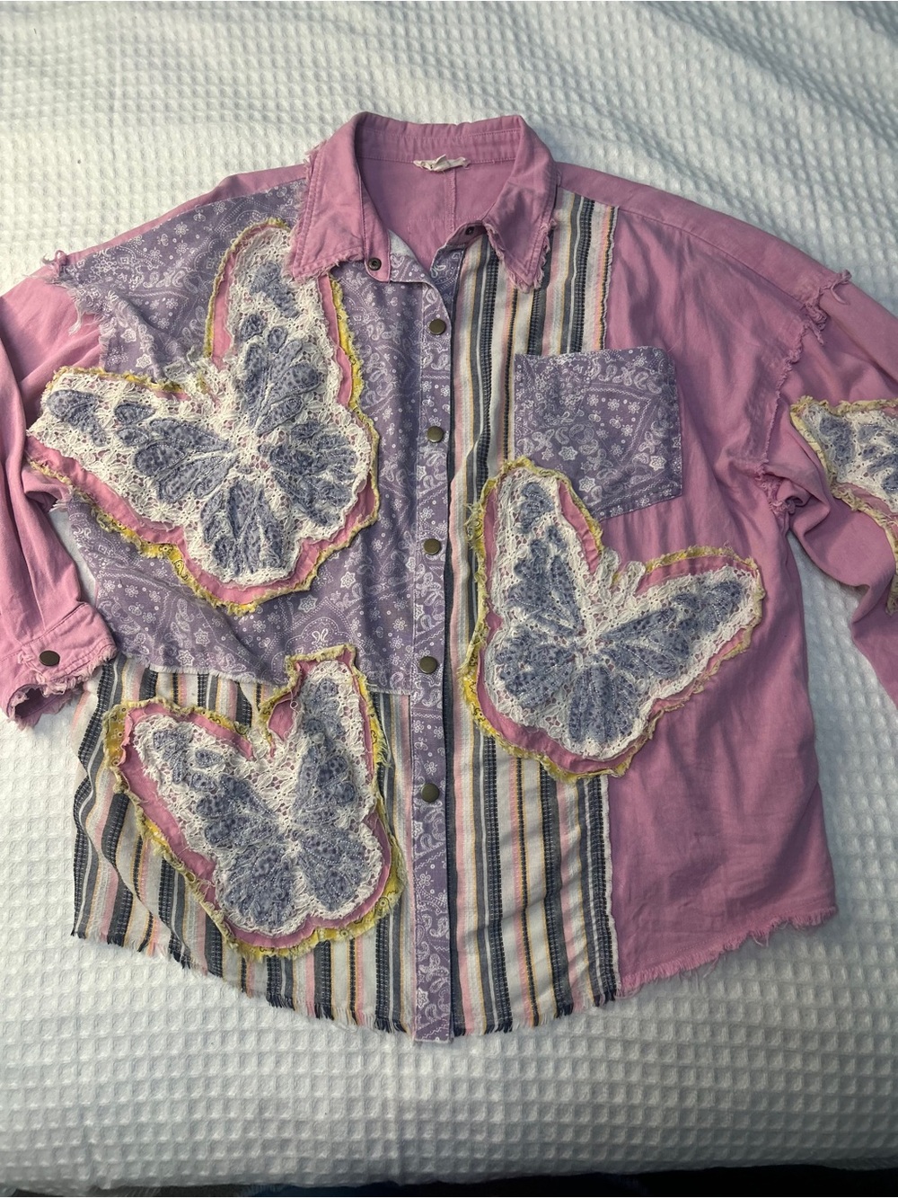 Women’s Pink Patchwork Butterfly Jean Shirt Jacket